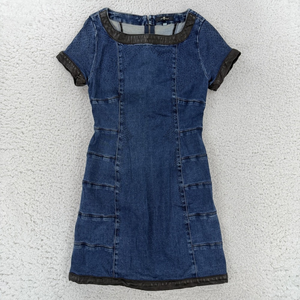 7 For All Mankind Dress Womens XS Blue Denim Studded Short Sleeve Sheath Mini